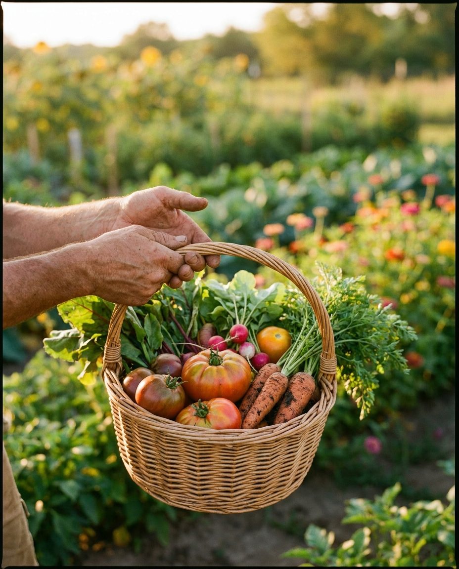 Le mani che reggono il cestino pieno di verdure appena raccolte