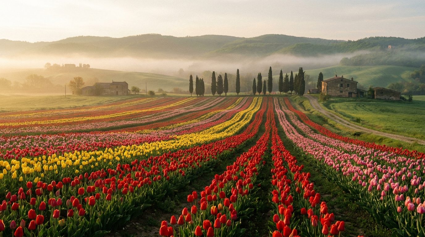 Il campo di tulipani in fiore