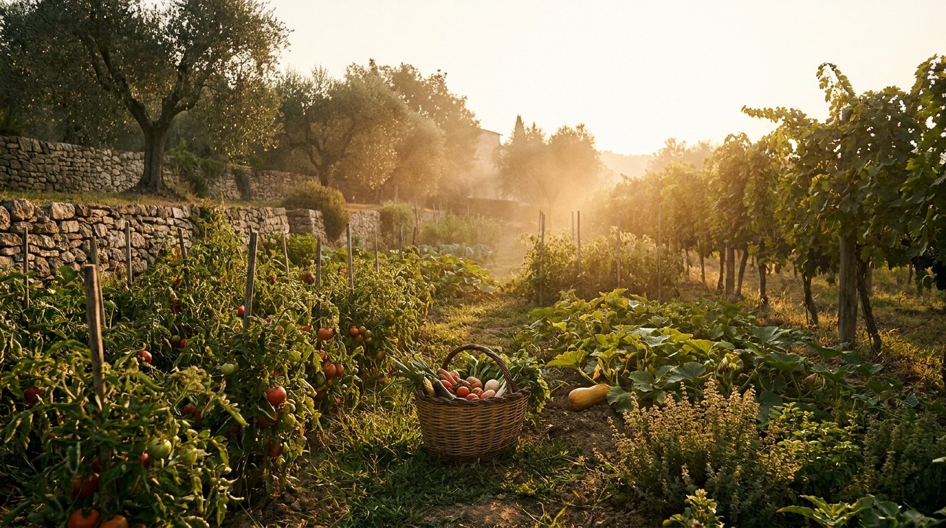 Il cestino tra le piante dell'orto