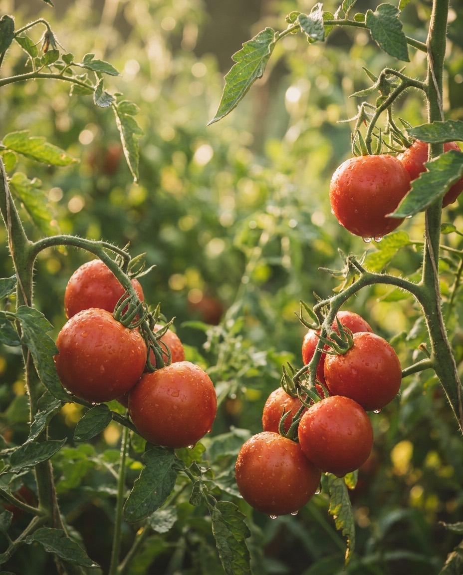 Grappoli di pomodori maturi ancora sulla pianta, bagnati di rugiada, controluce.